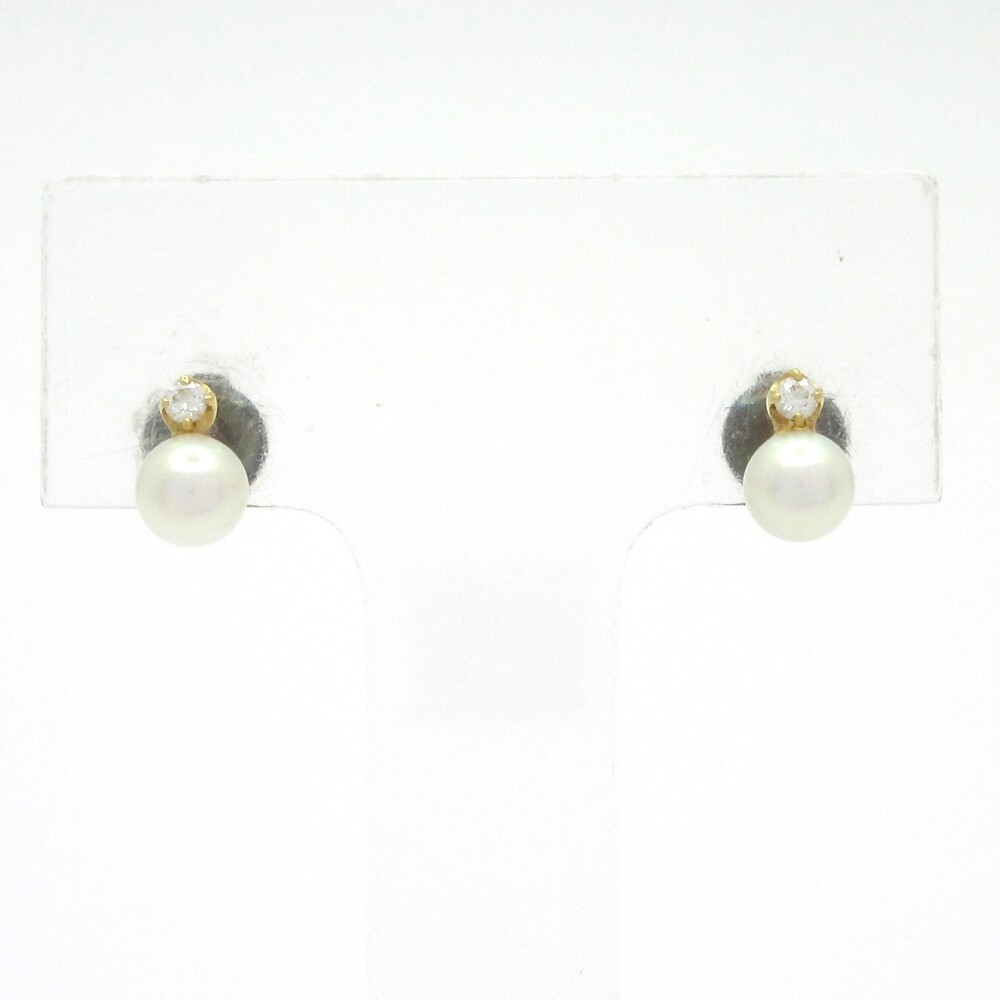 Mikimoto Earrings 18K Yellow Gold Diamond Pearl White Pearl